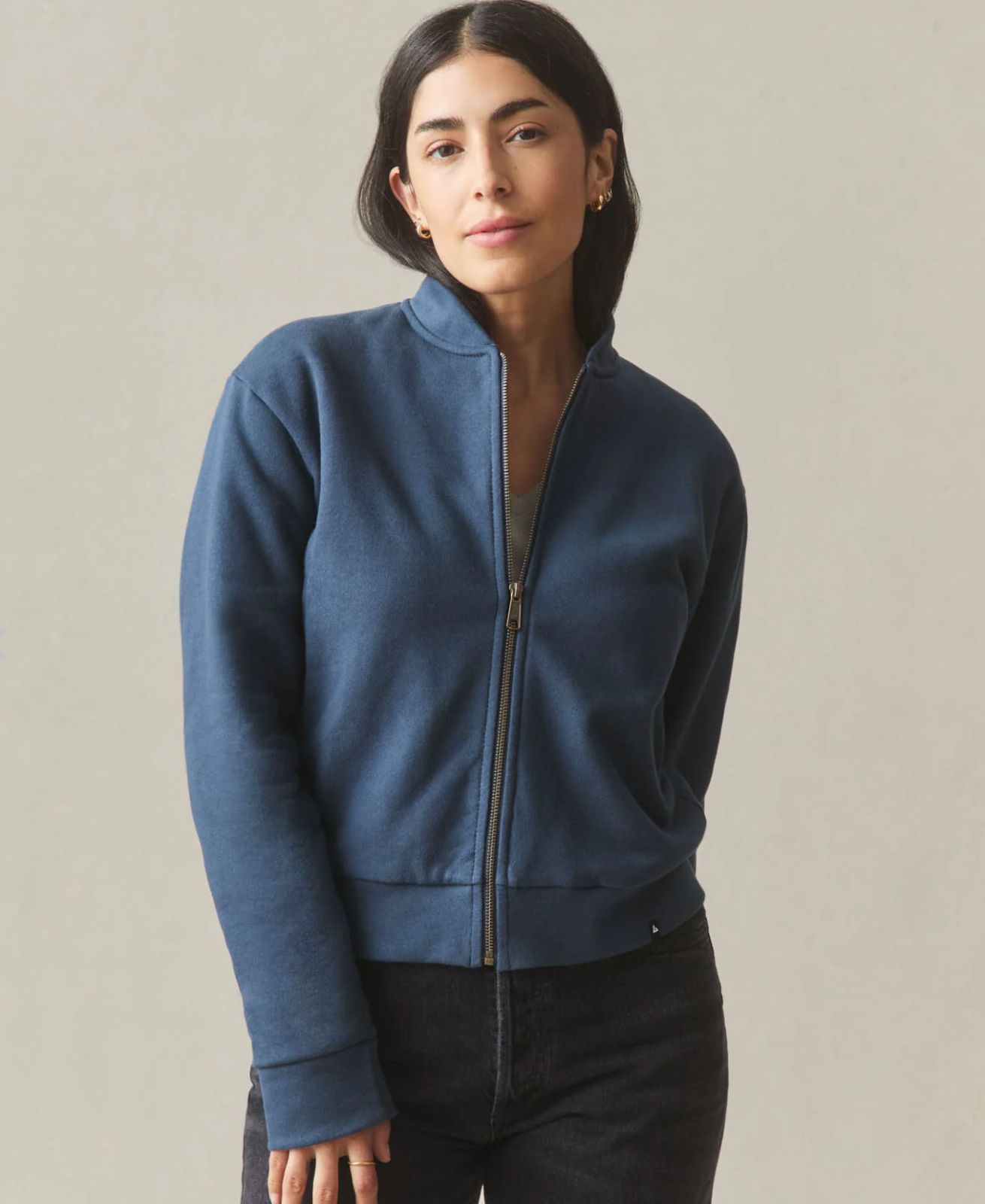 American Giant Jacket Womens M Blue Fleece Bomber Full Zip Heavy Pockets New